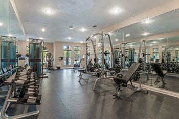A spacious gym with a variety of equipment including treadmills, weight machines, and free weights.